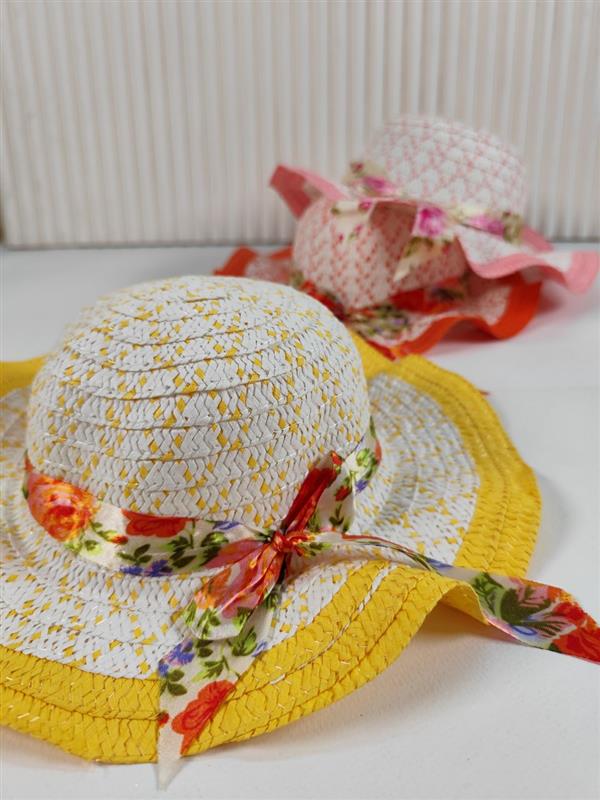کلاه حصیری پاپیون پارچه ای 