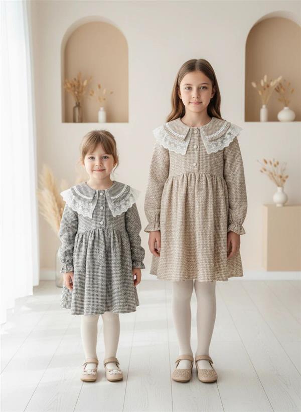 پیراهن یقه گیپور چهارخانه ریز 