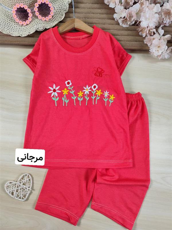 تیشرت شلوارک پروانه و باغ گل گلدوزی 