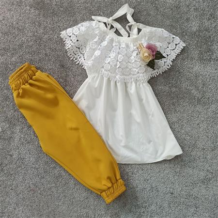 شومیز شلوار یقه گیپور با سنجاق گل تکسایز